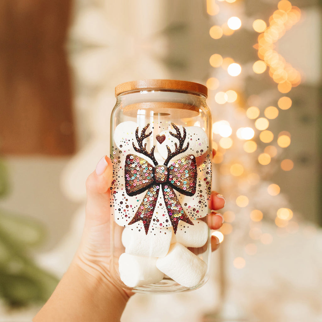 Sequin Bow Antlers 17oz Glass Cup