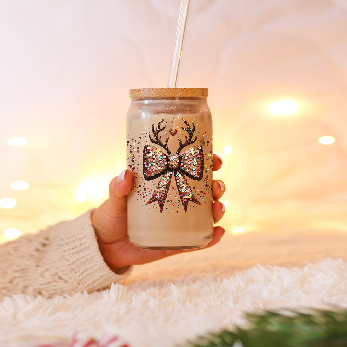 Sequin Bow Antlers 17oz Glass Cup