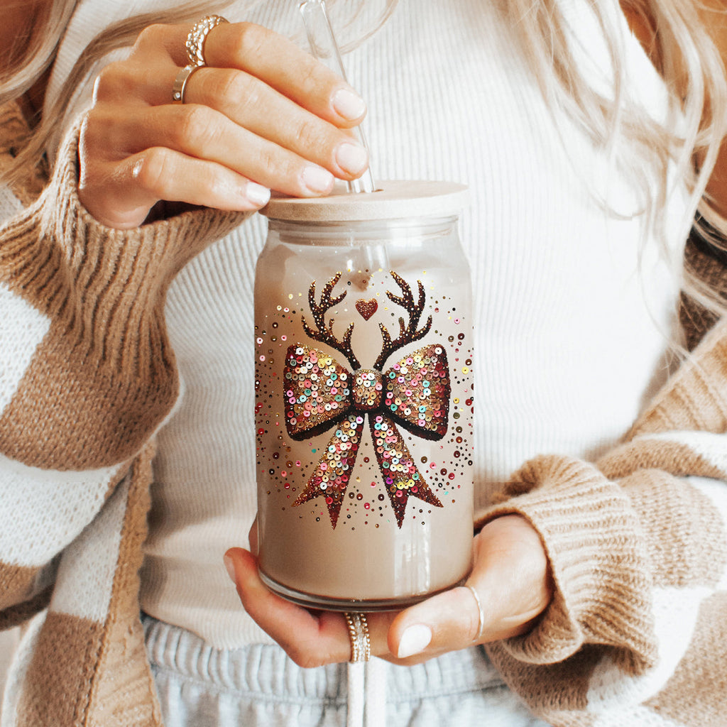 Sequin Bow Antlers 17oz Glass Cup