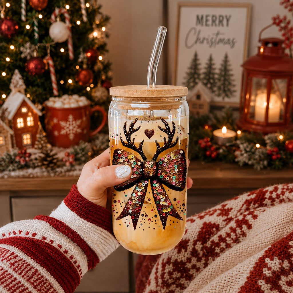 Sequin Bow Antlers 17oz Glass Cup