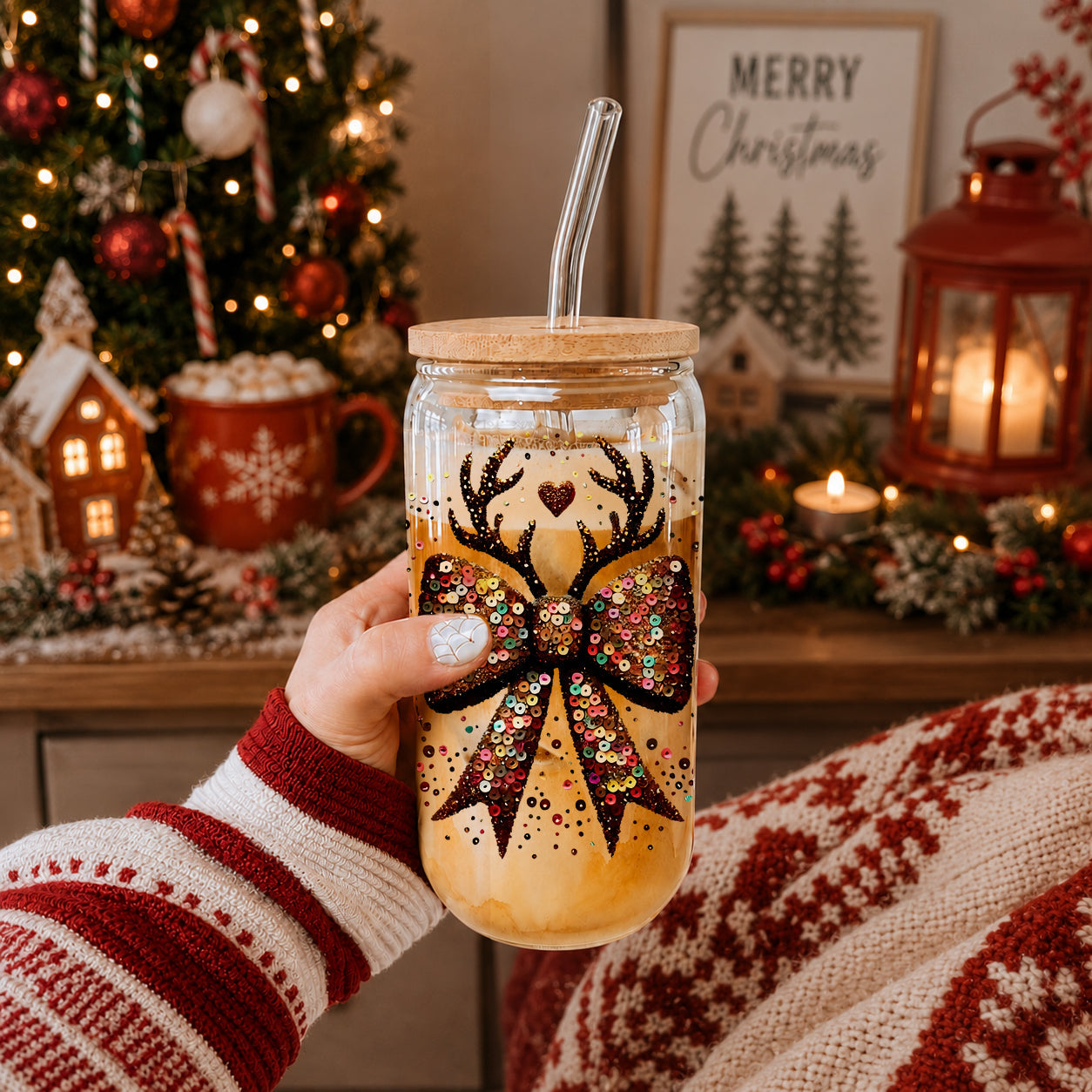 Sequin Bow Antlers 17oz Glass Cup