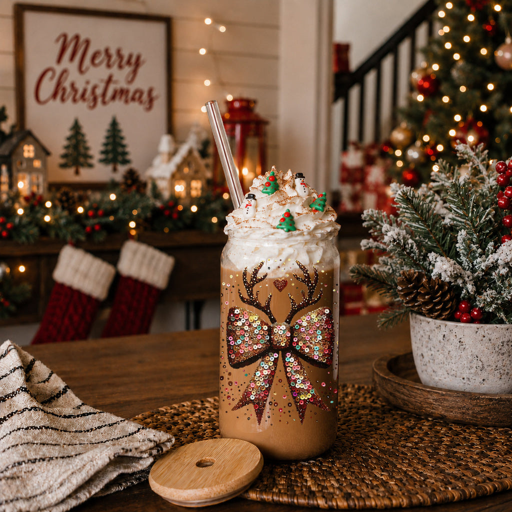 Sequin Bow Antlers 17oz Glass Cup