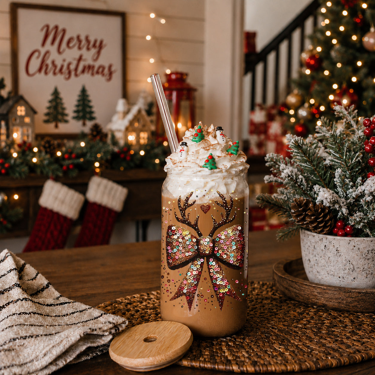 Sequin Bow Antlers 17oz Glass Cup