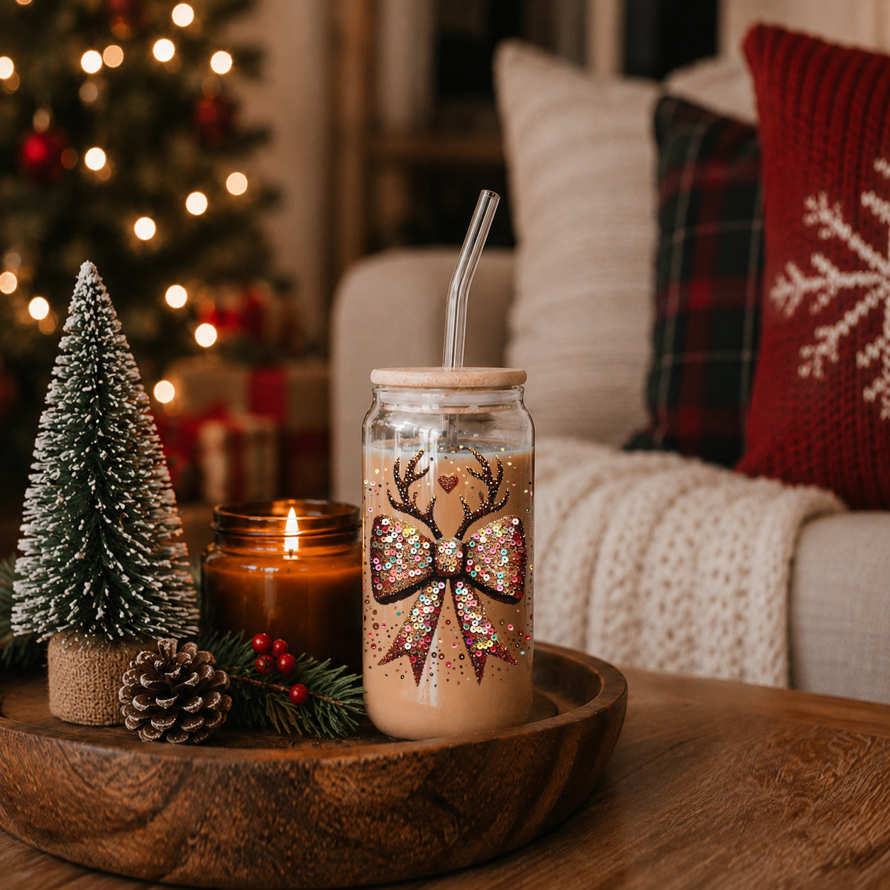 Sequin Bow Antlers 17oz Glass Cup