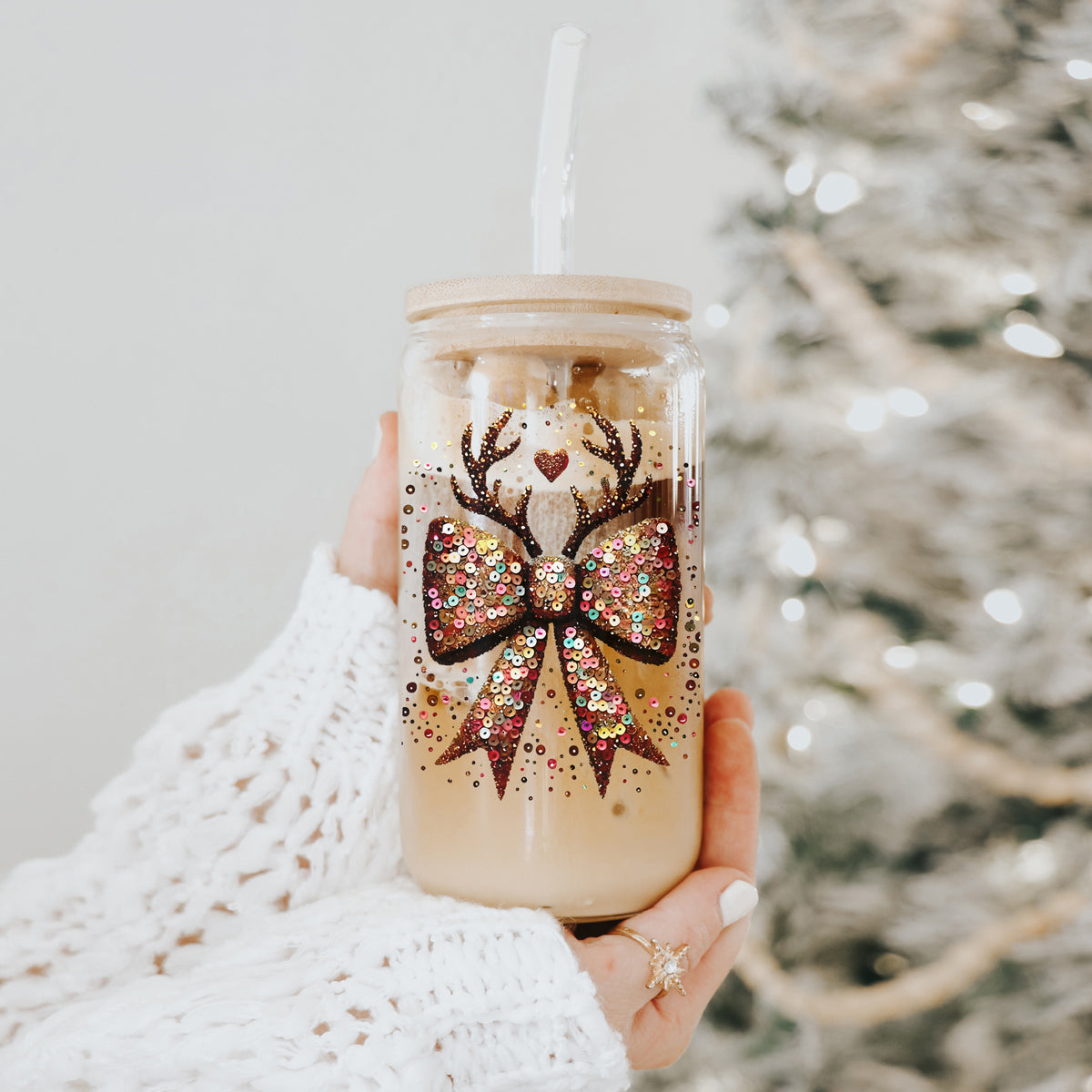 Sequin Bow Antlers 17oz Glass Cup