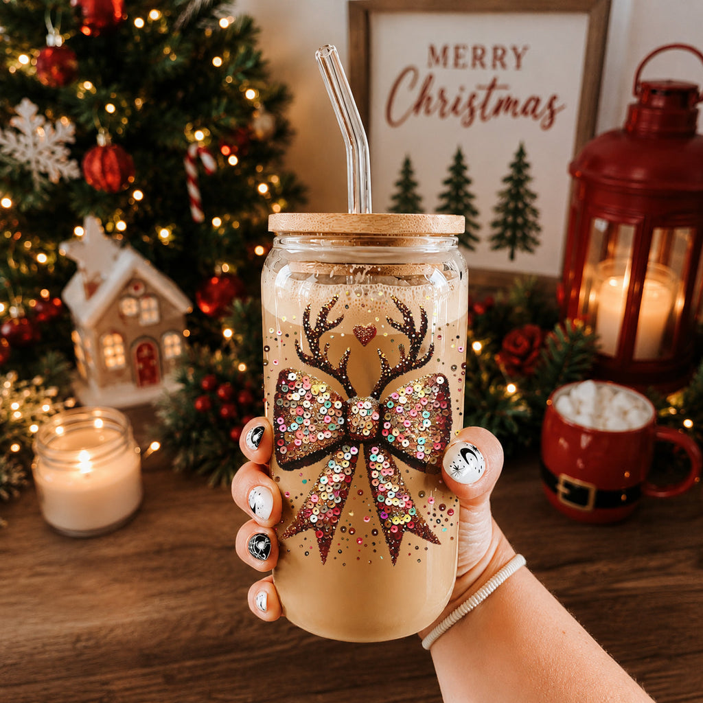 Sequin Bow Antlers 17oz Glass Cup