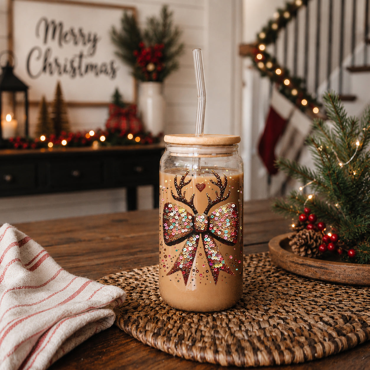 Sequin Bow Antlers 17oz Glass Cup