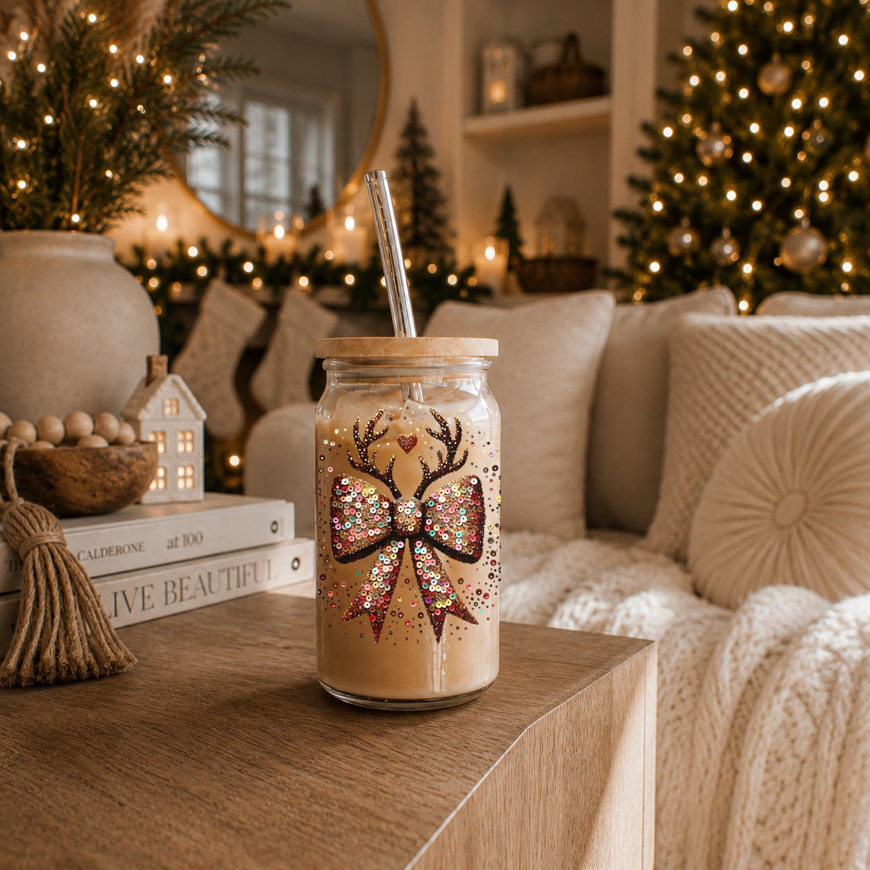 Sequin Bow Antlers 17oz Glass Cup