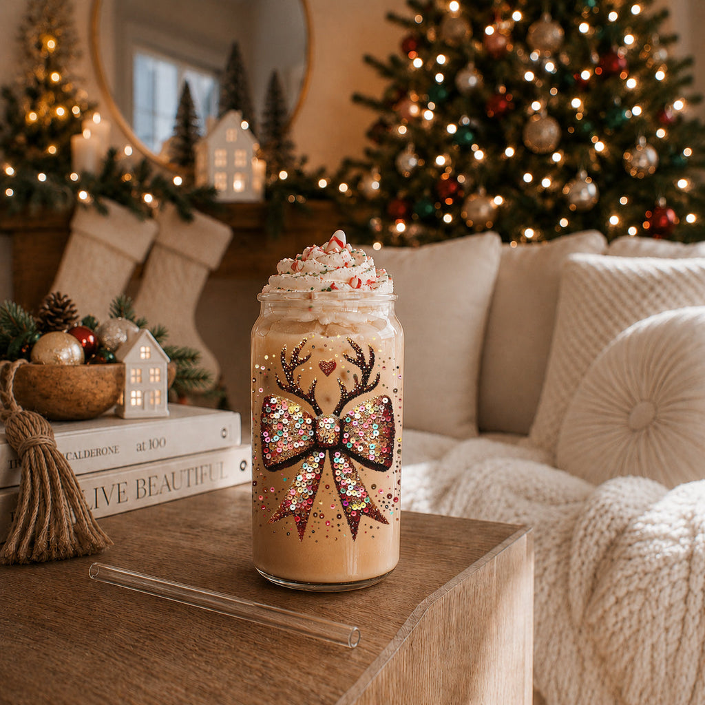 Sequin Bow Antlers 17oz Glass Cup
