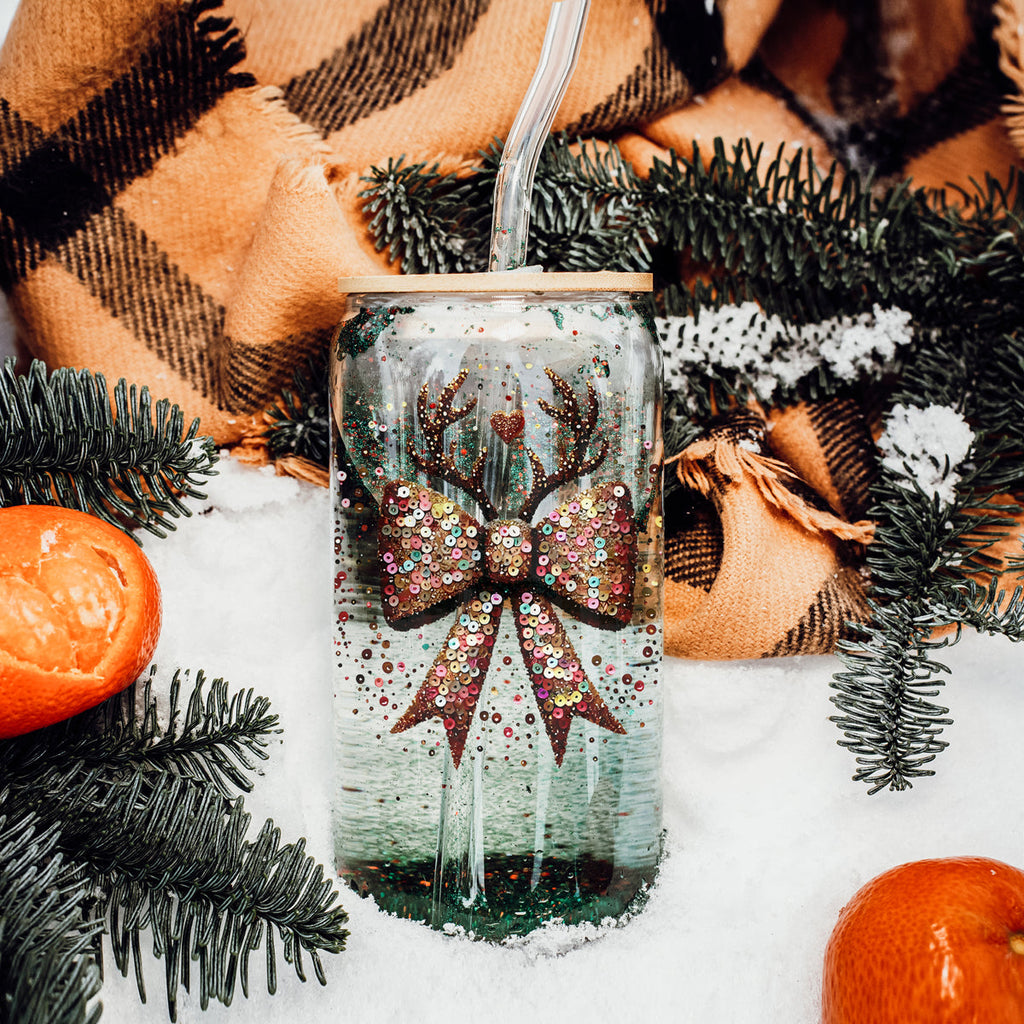 Sequin Bow Antlers 17oz Glass Cup