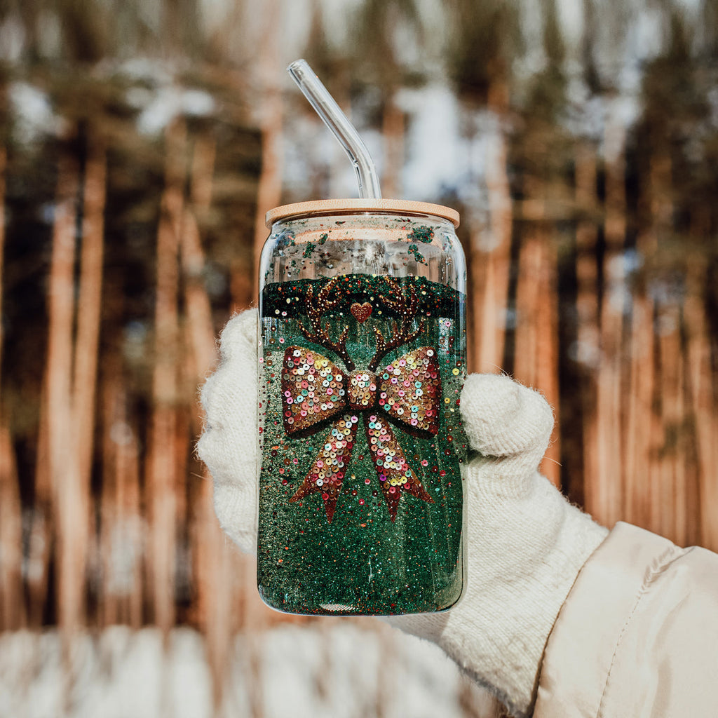Sequin Bow Antlers 17oz Glass Cup