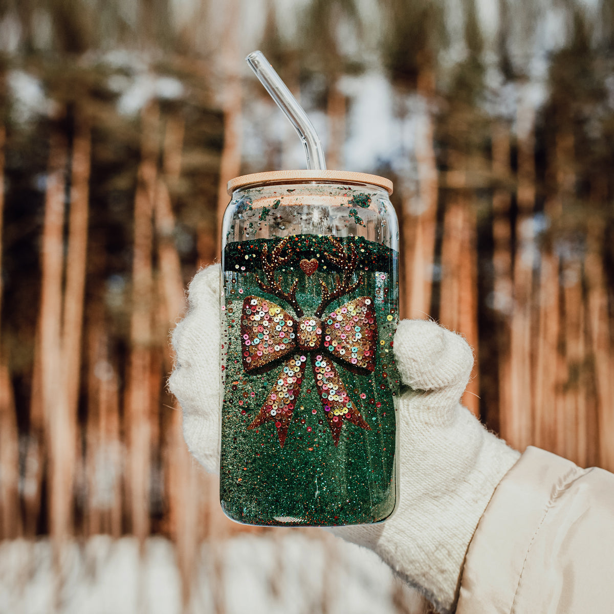 Sequin Bow Antlers 17oz Glass Cup