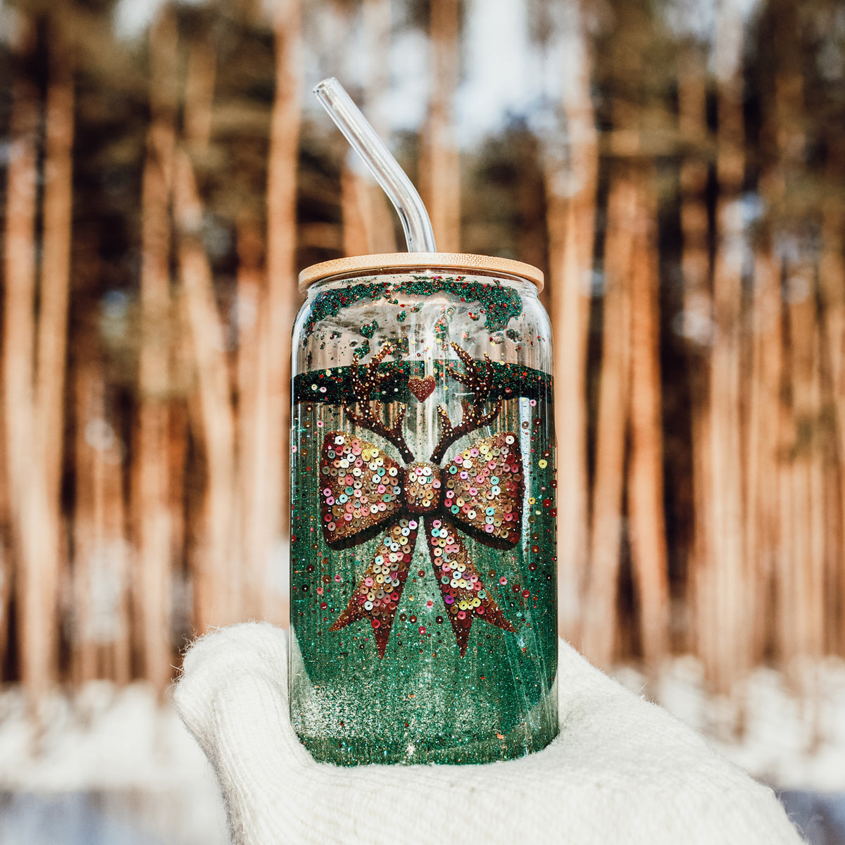 Sequin Bow Antlers 17oz Glass Cup