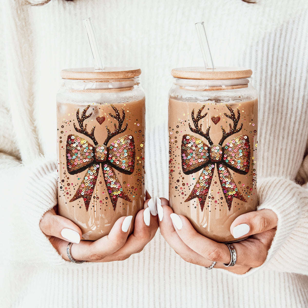 Sequin Bow Antlers 17oz Glass Cup