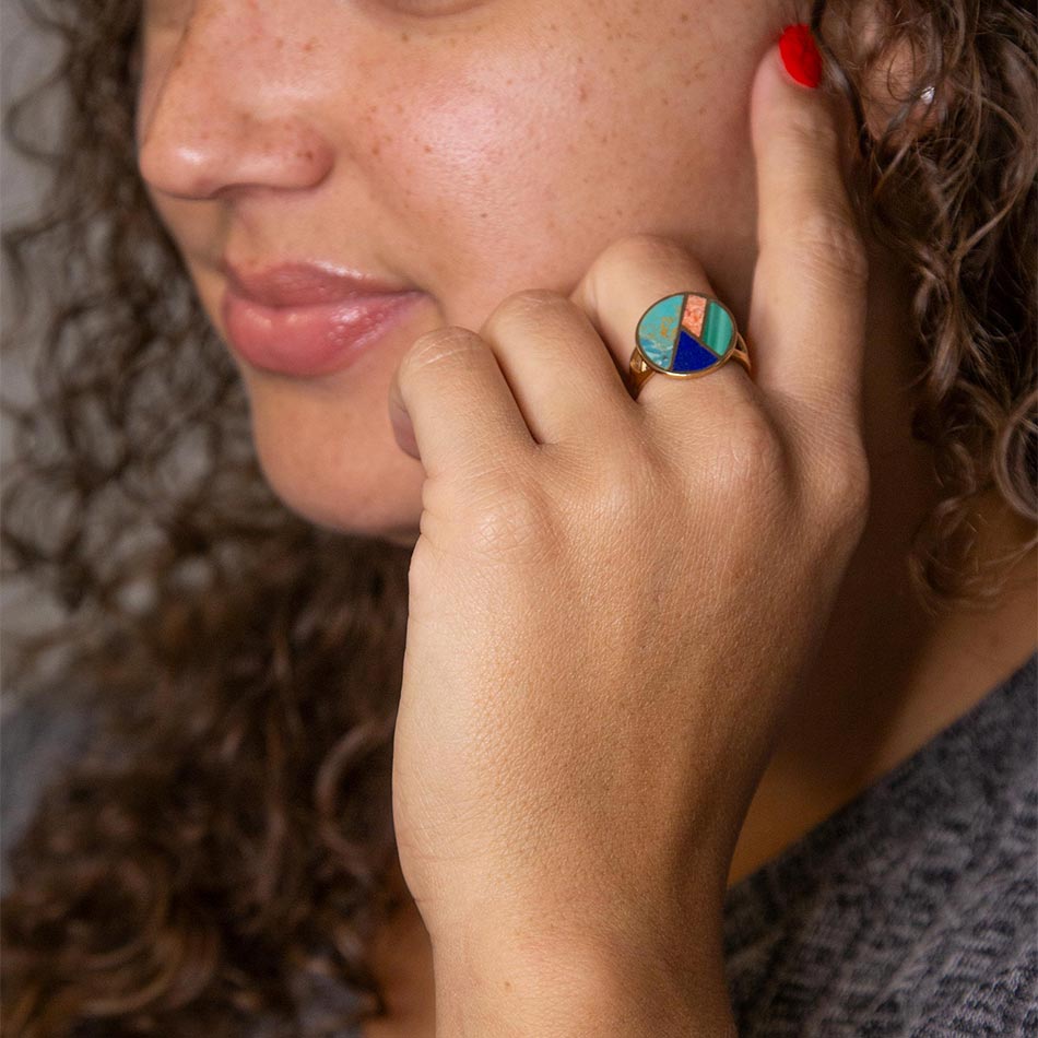 Art Deco Colorful Inlay Golden Ring