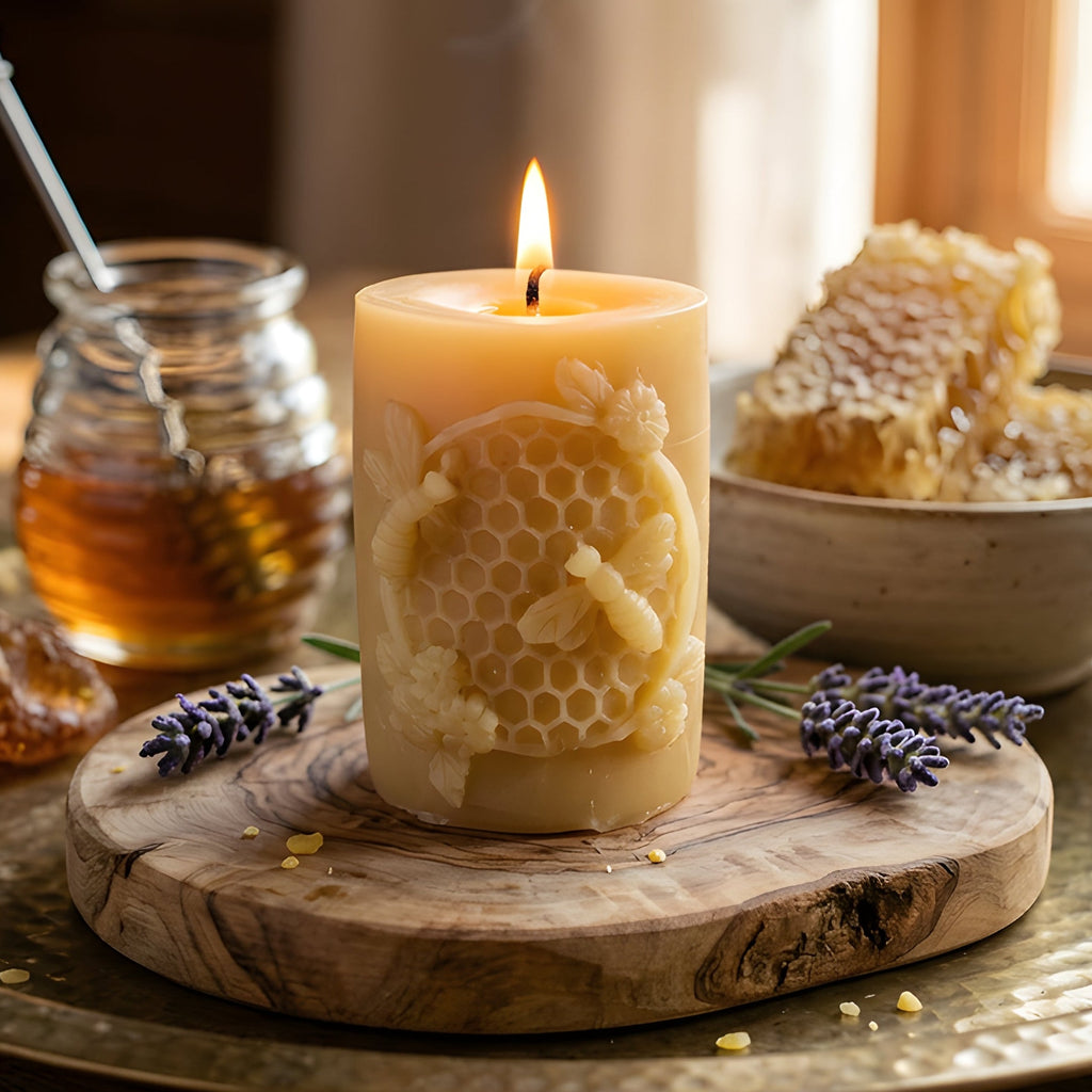 Golden Hivelet Beeswax Pillar Candle Beehive Inspired