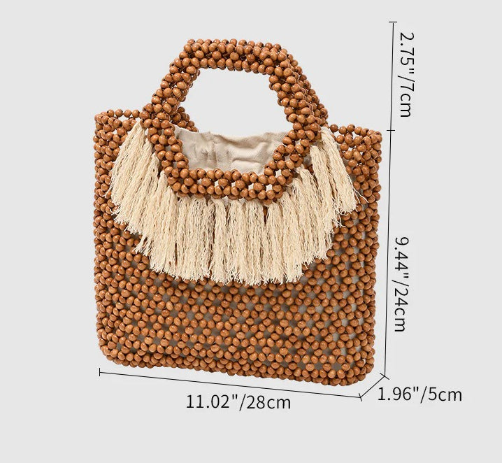 Beach Vacation Wooden Bead Bag – Handwoven Women's Travel Tote, Fringe Boho Handbag
