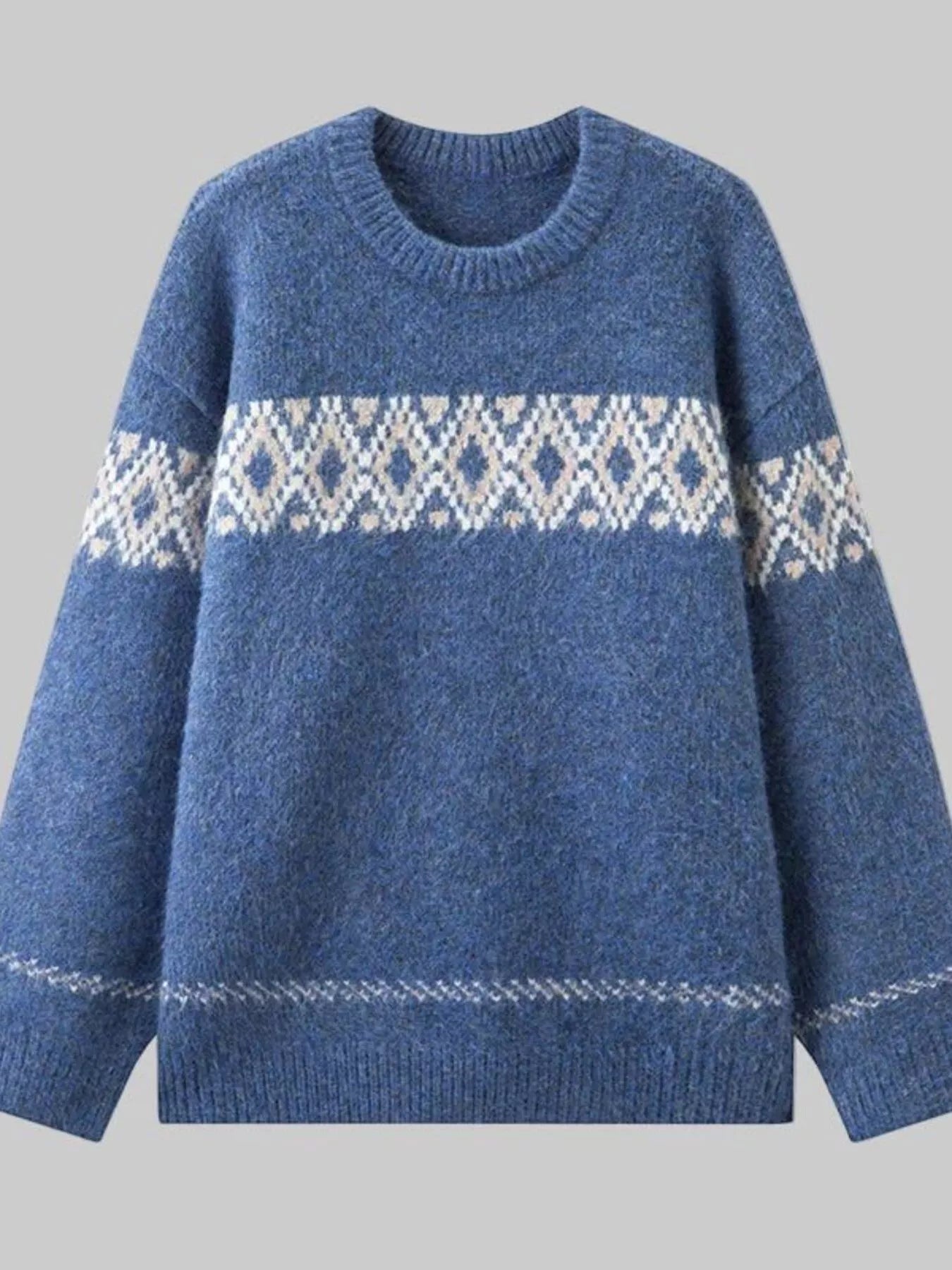 Full Size Vintage Patterned Round Neck Sweater Plus Size