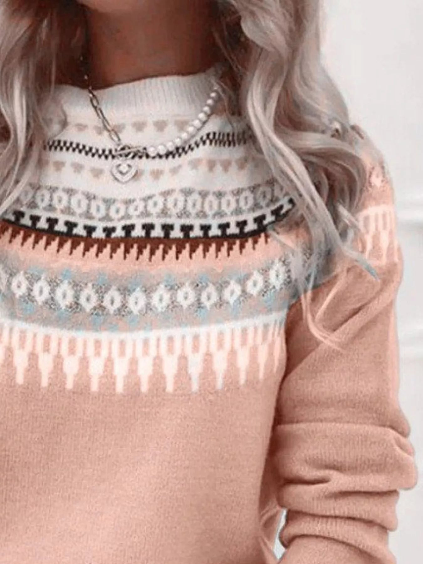 Full Size Vintage Patterned Round Neck Sweater Plus Size