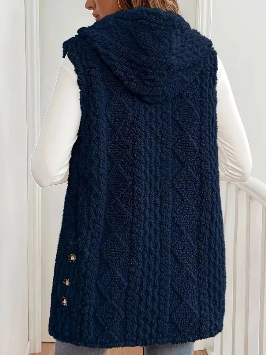 Hooded Button-Up Sherpa Vest Coat