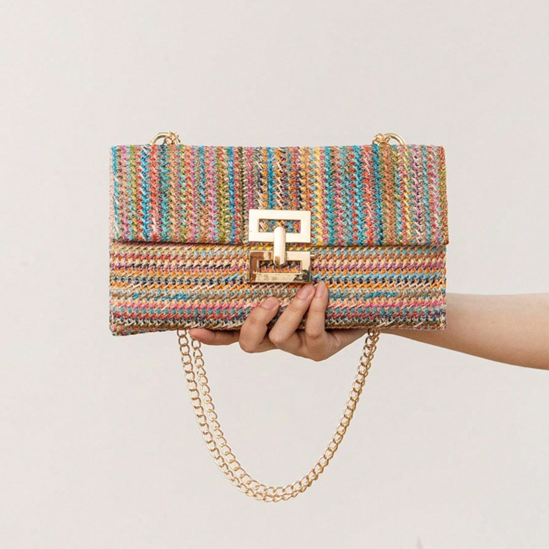 Bag ladies holiday shoulder bag, chain flip lock square purse, straw bag hobo shoulder bag women