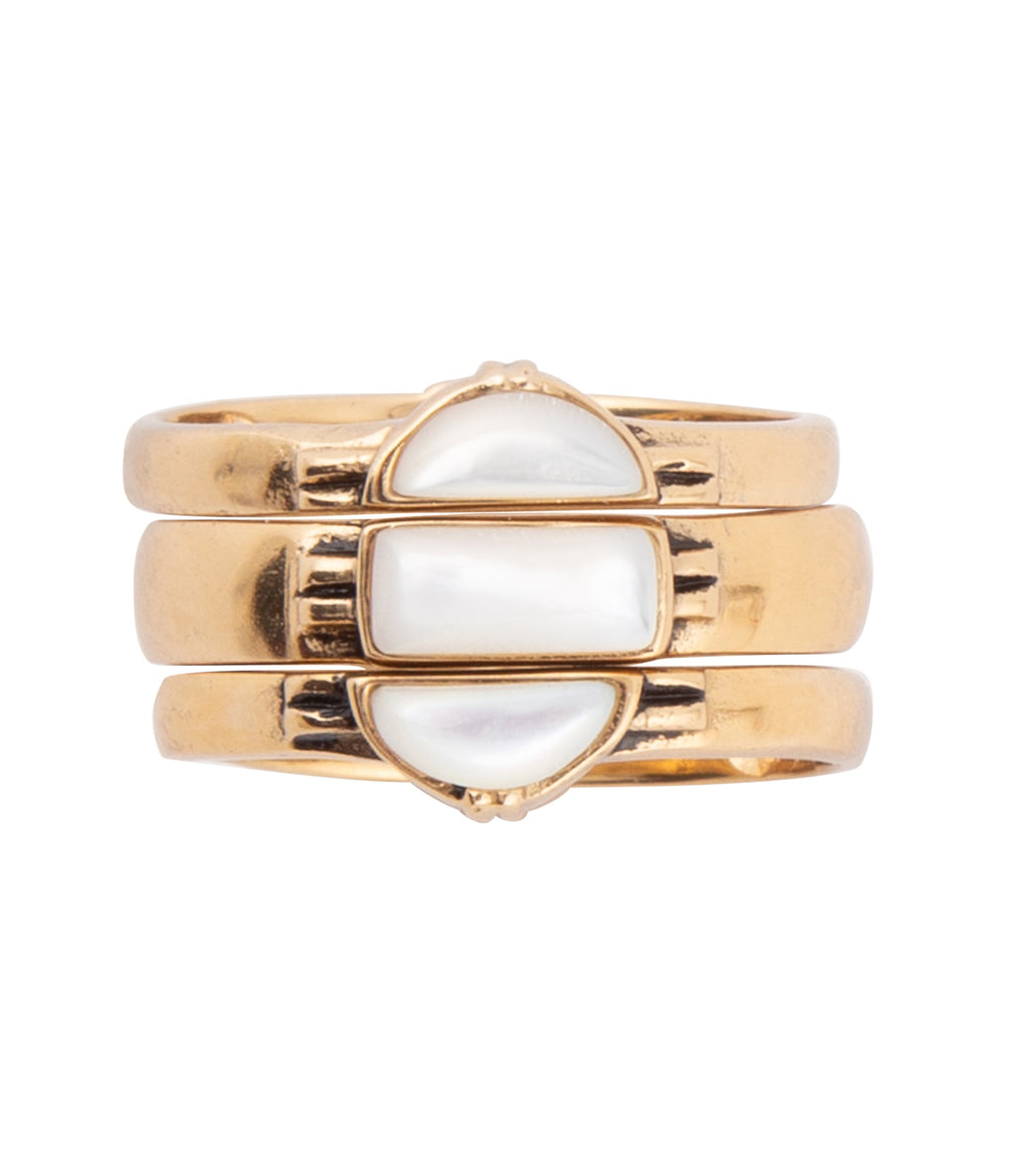 Baguette White Mother of Pearl Golden Stack Ring Set