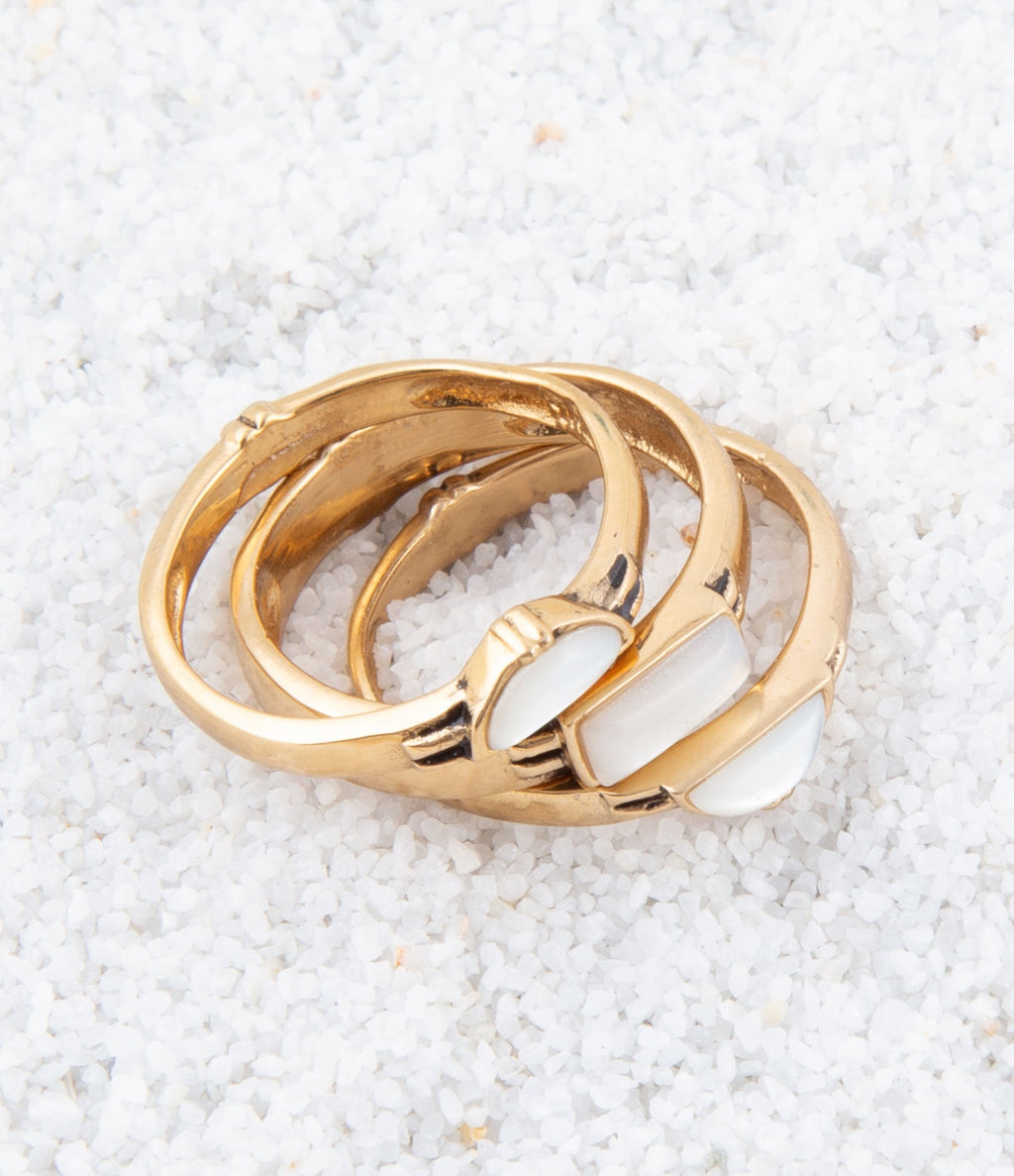 Baguette White Mother of Pearl Golden Stack Ring Set