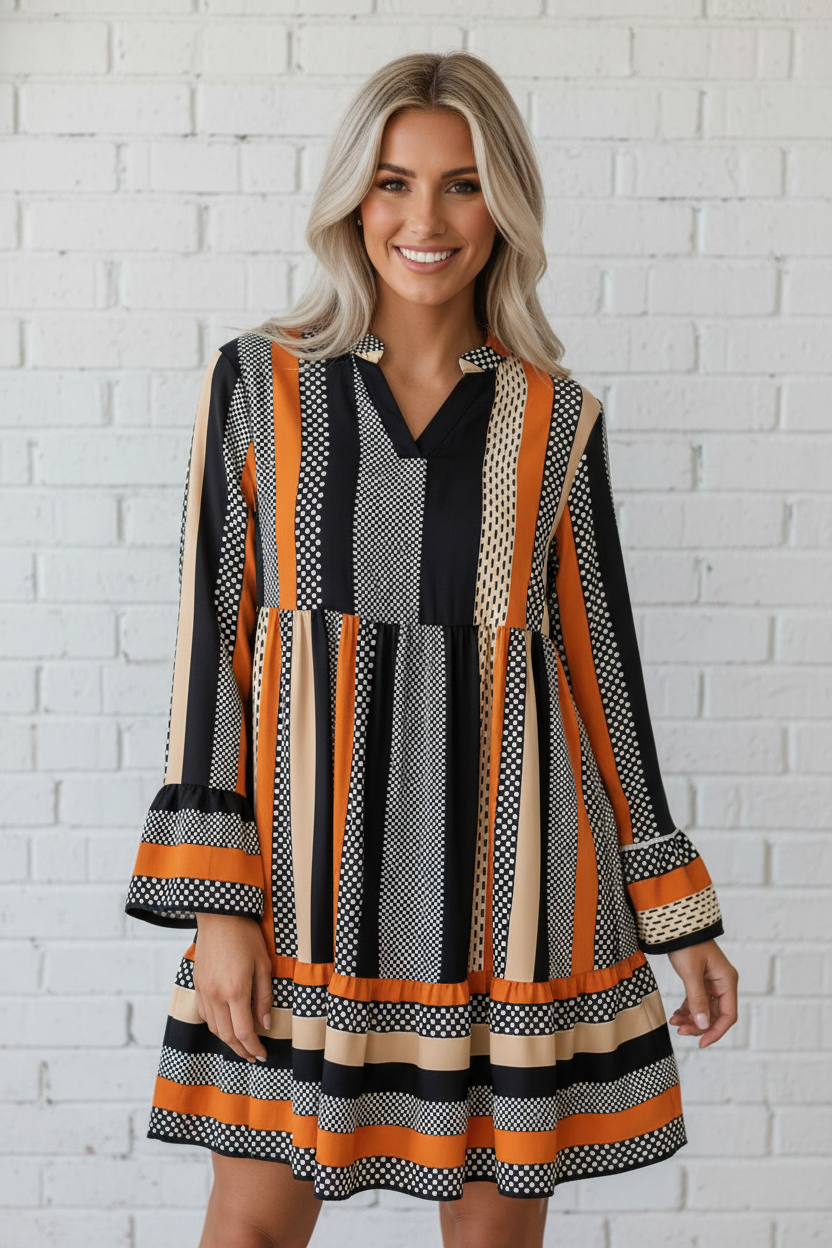Stripe Polka Dot Ruffle Hem Mini Dress