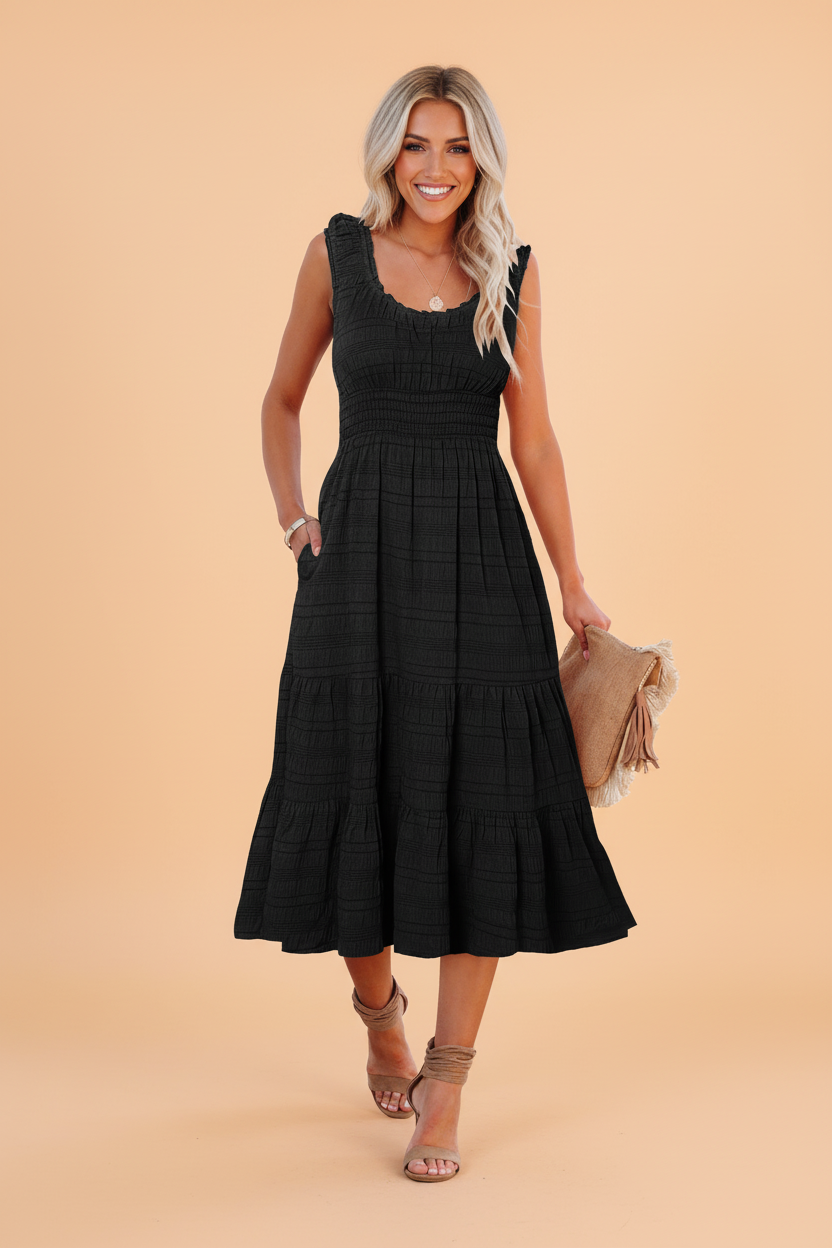 Shirred Pleated Square Neck Sleeveless Midi Dress