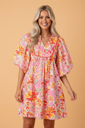 Floral Stripe Tie Neck Puff Sleeve Mini Dress