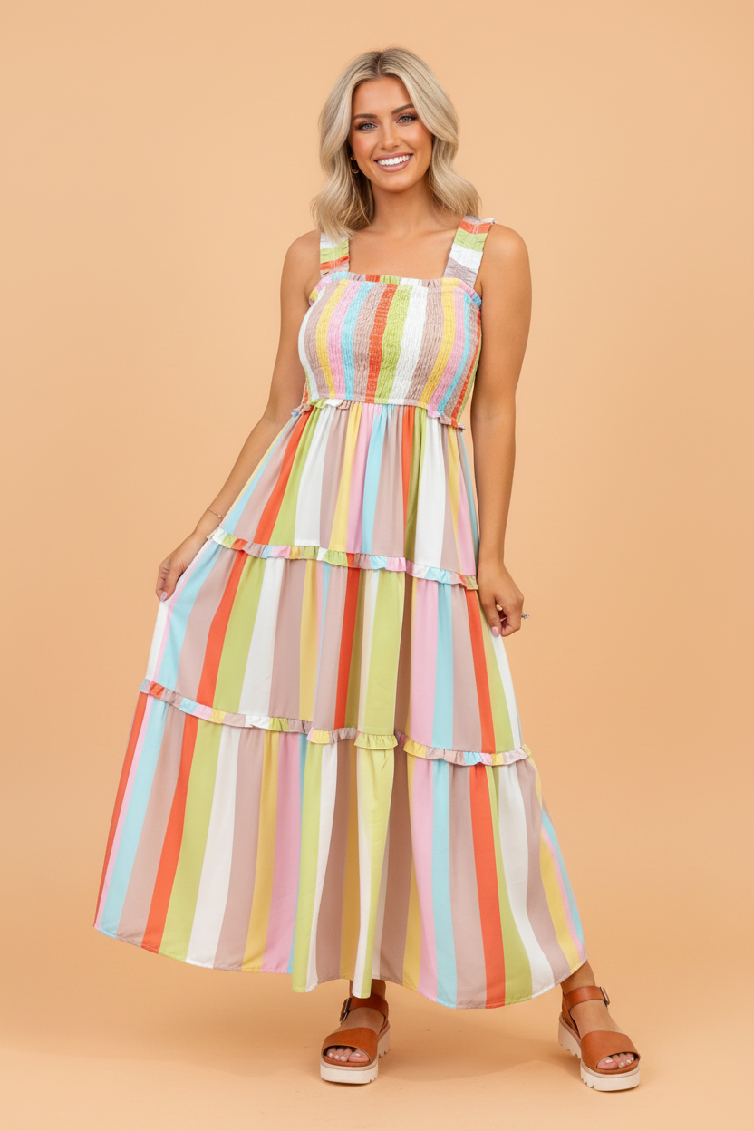 Stripe Shirred Ruffle Tiered Maxi Dress