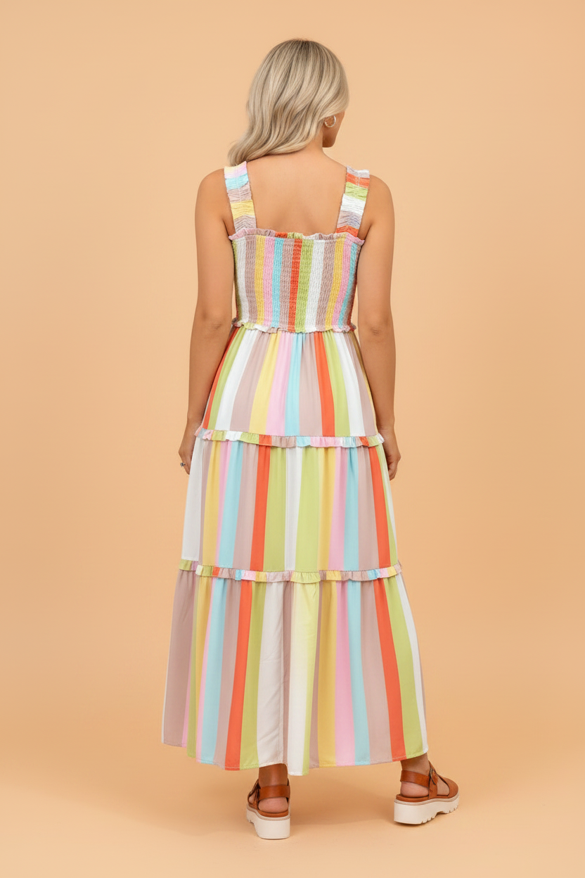 Stripe Shirred Ruffle Tiered Maxi Dress