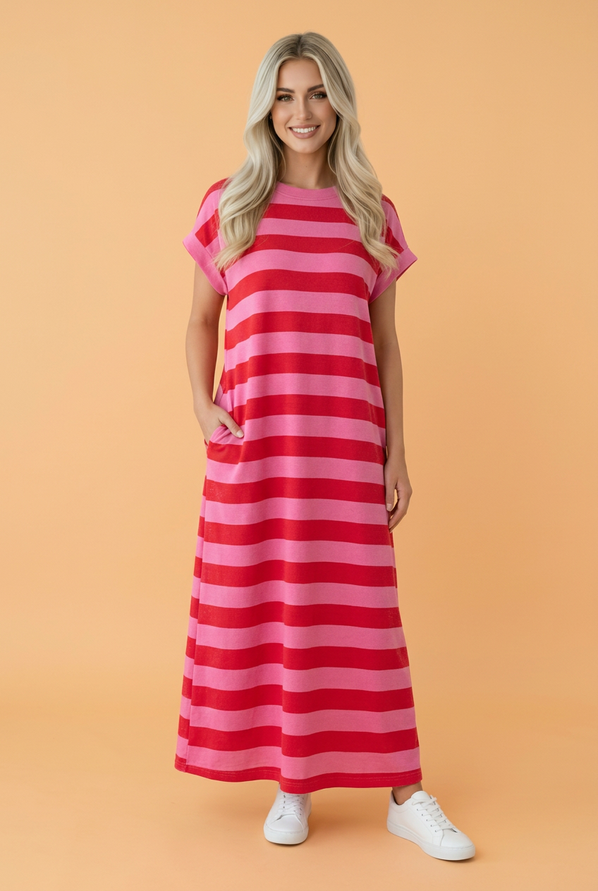 Stripe Cuffed Short Sleeve T-Shirt Long Dress w/ Pockets