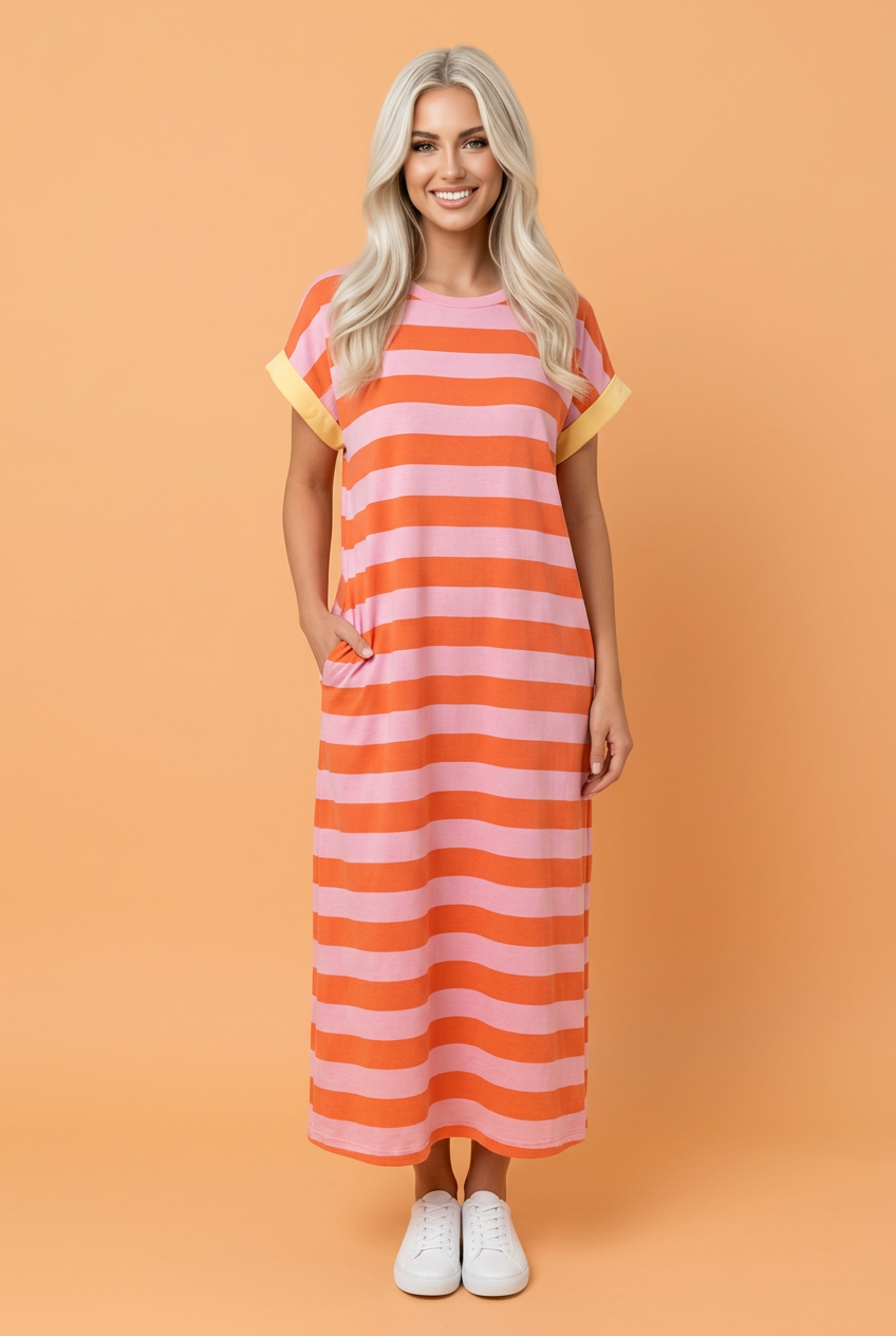 Stripe Cuffed Short Sleeve T-Shirt Long Dress w/ Pockets