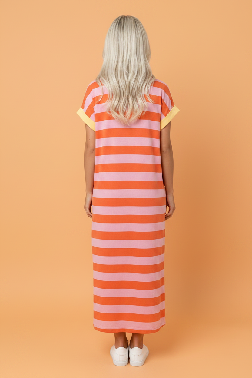 Stripe Cuffed Short Sleeve T-Shirt Long Dress w/ Pockets