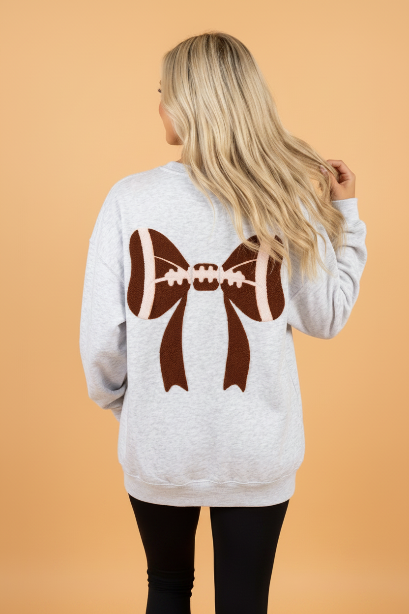 Game Day Rugby Bow Chenille Embroidered Oversized Sweatshirt