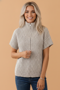 Solid Zip Up High Neck Short Sleeve Knit Top
