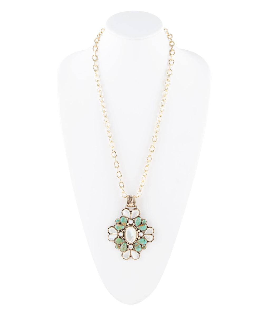 Barcelona Blue Turquoise and Mother of Pearl Golden Statement Necklace