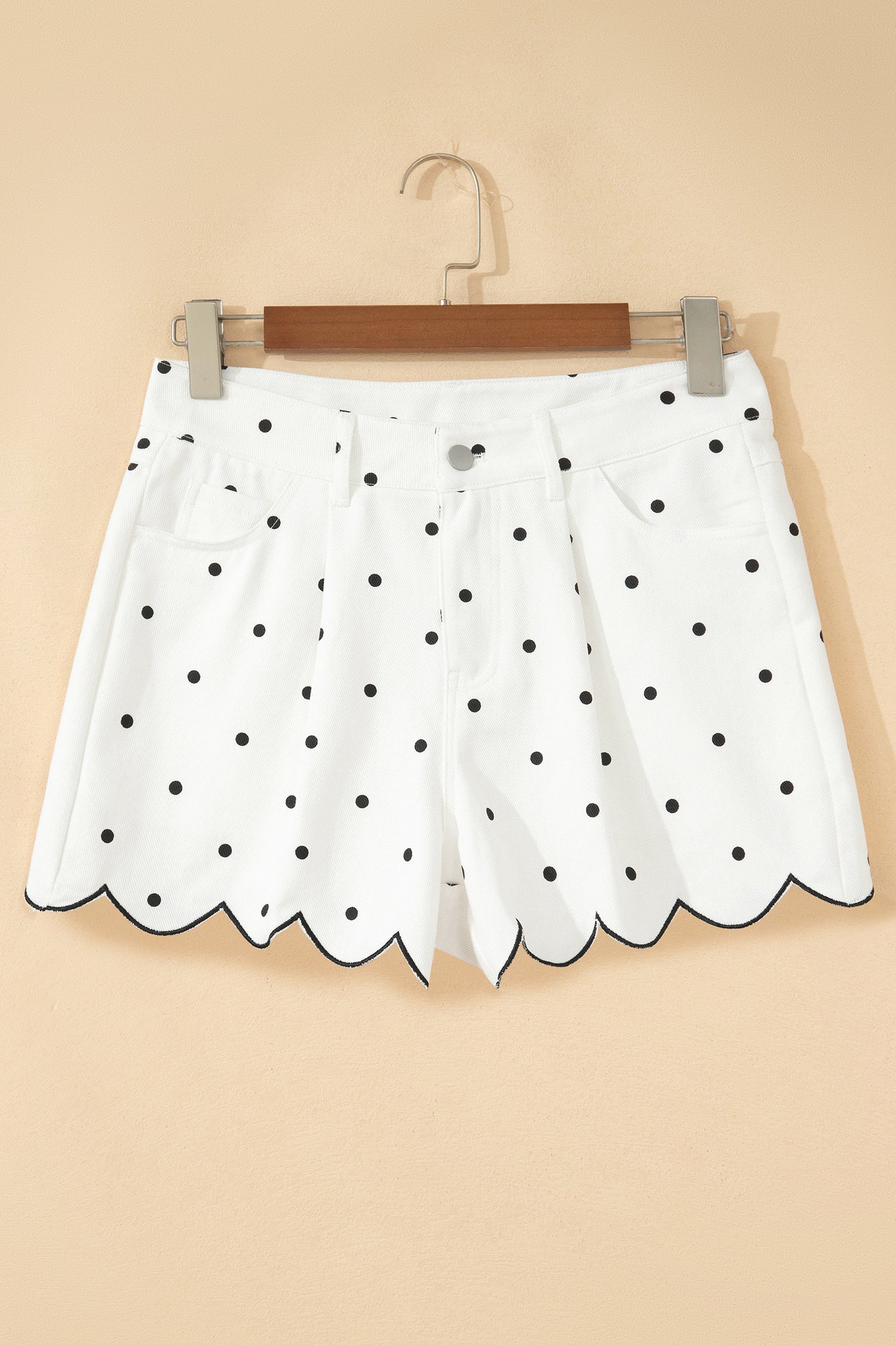 Polka Dot Denim Embroidered Scallop Hem Shorts