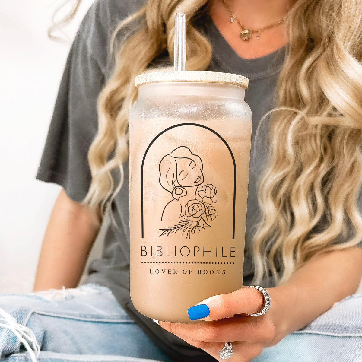 Bibliophile: Lover of Books Frosted Glass Cup with Bamboo Lid & Straw