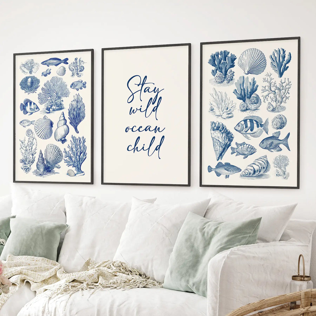 Coastal Sea Life Prints. Blue Sea Shells and Fish Print Set