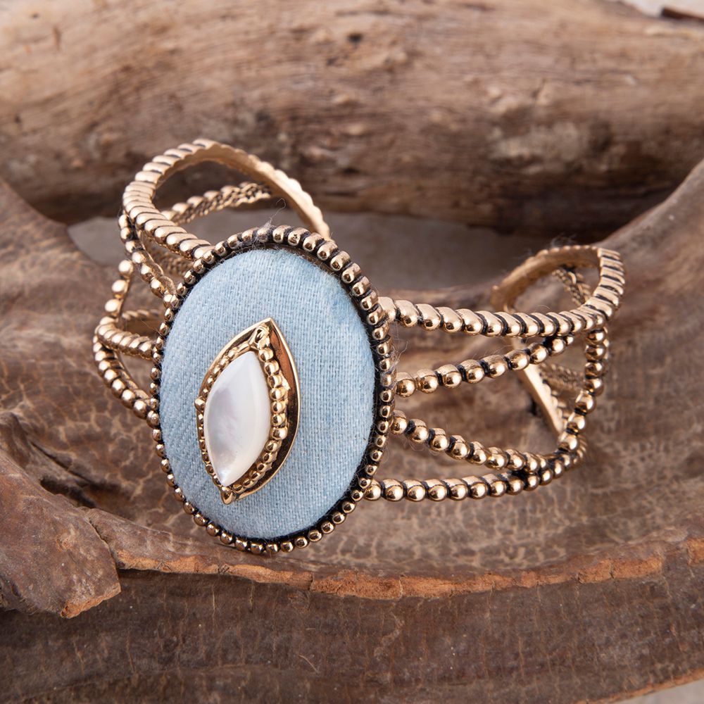 Blue Denim Dreams White Mother of Pearl Golden Cuff Bracelet