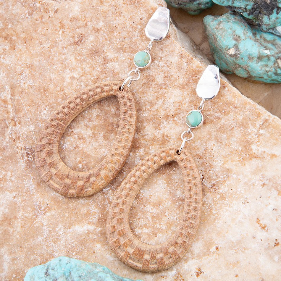 Blue Turquoise Top Carved Wood Sterling Silver Earrings