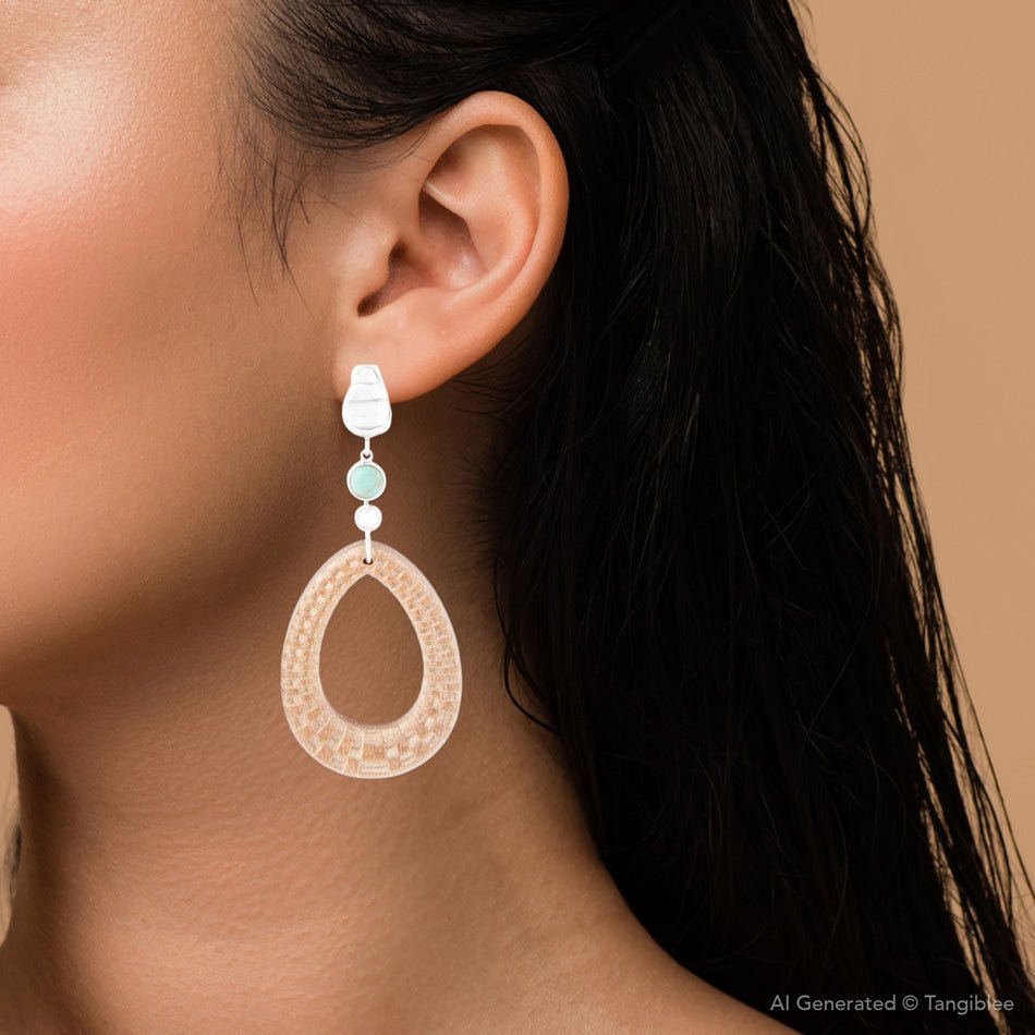 Blue Turquoise Top Carved Wood Sterling Silver Earrings