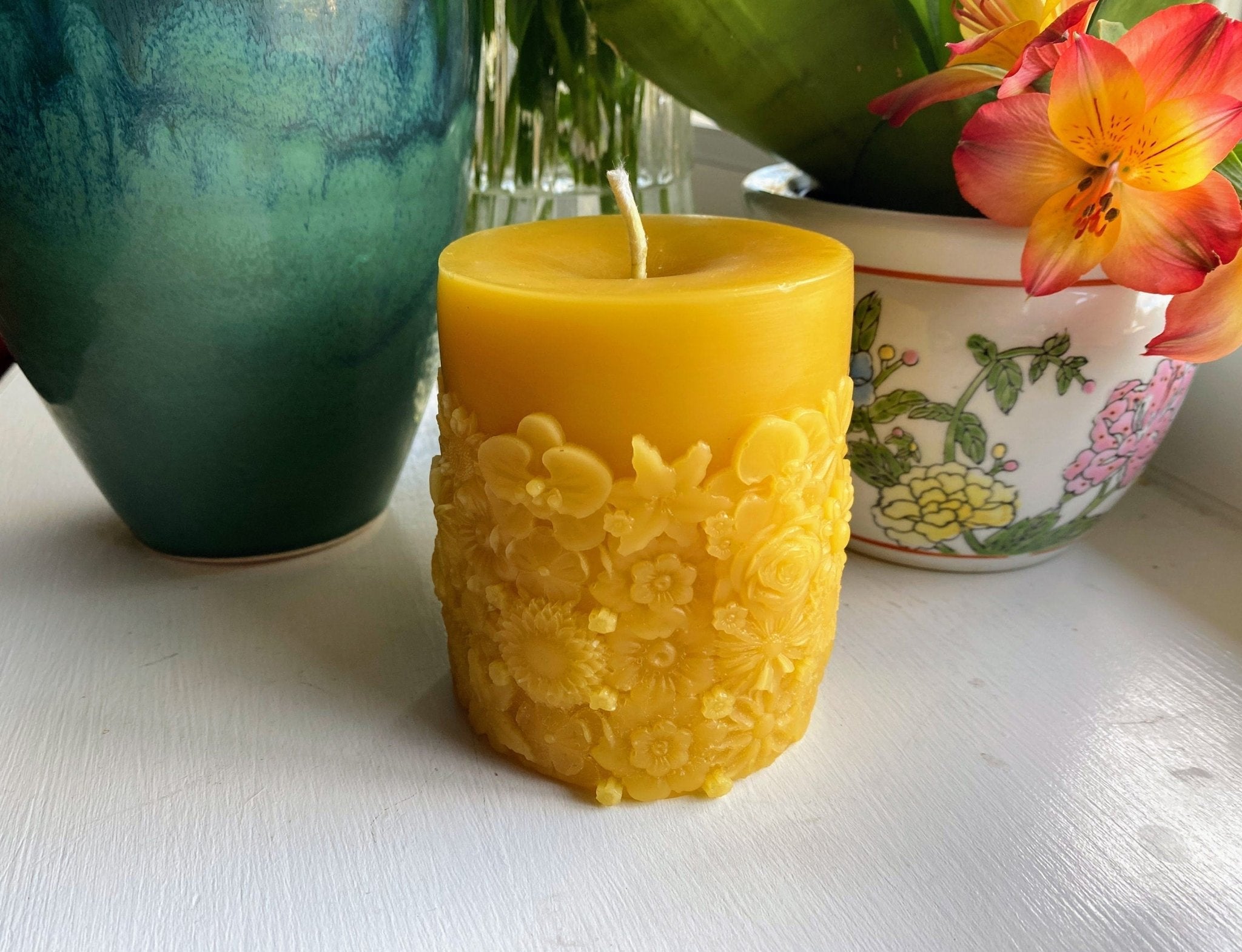 Boho Flower Garden Beeswax Pillar Candle