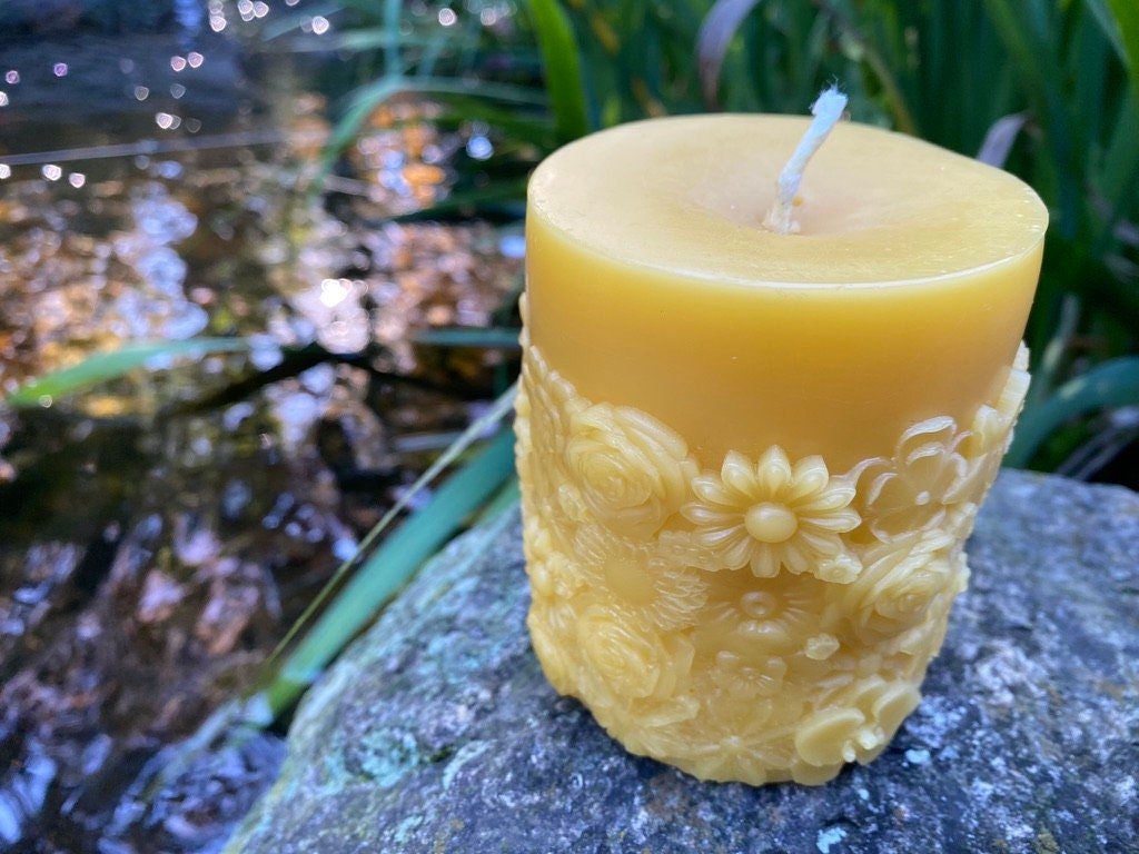 Boho Flower Garden Beeswax Pillar Candle