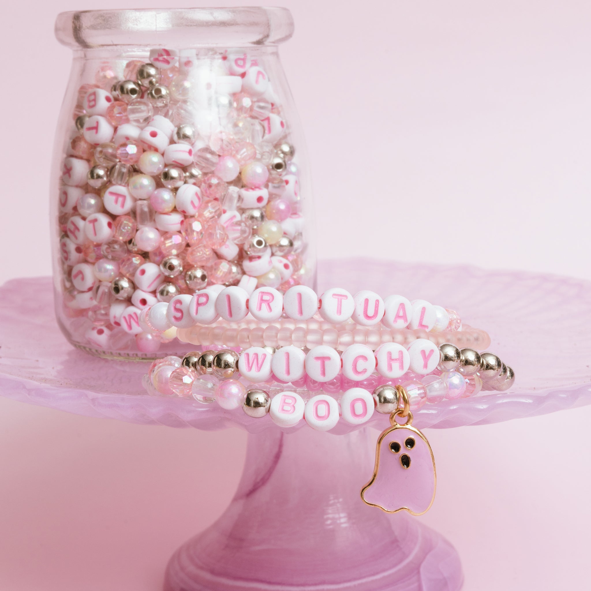 BOO Pastel Pink Letter Bead & Ghost Charm DIY Bead Jar