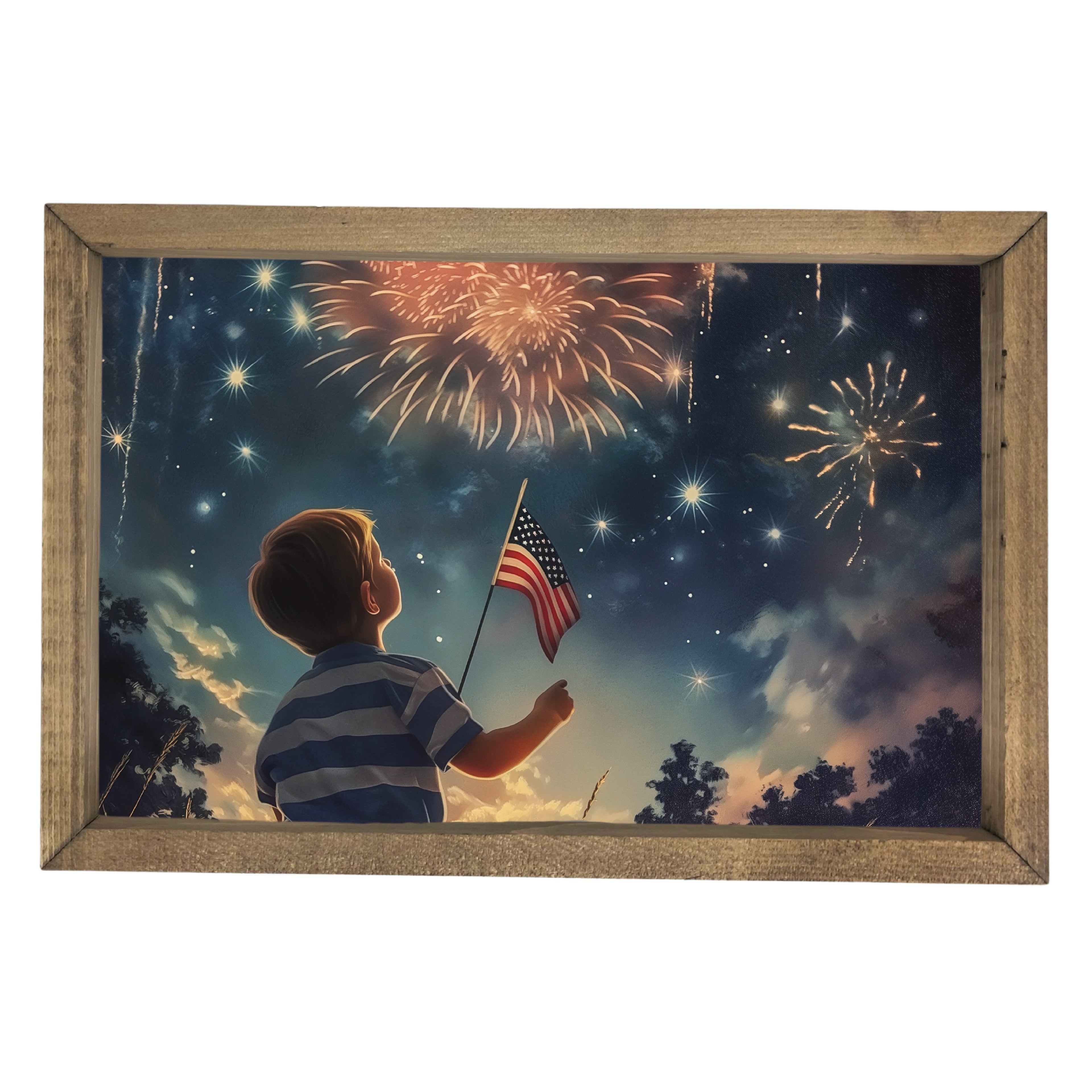 Boy Watching Fireworks Framed Art