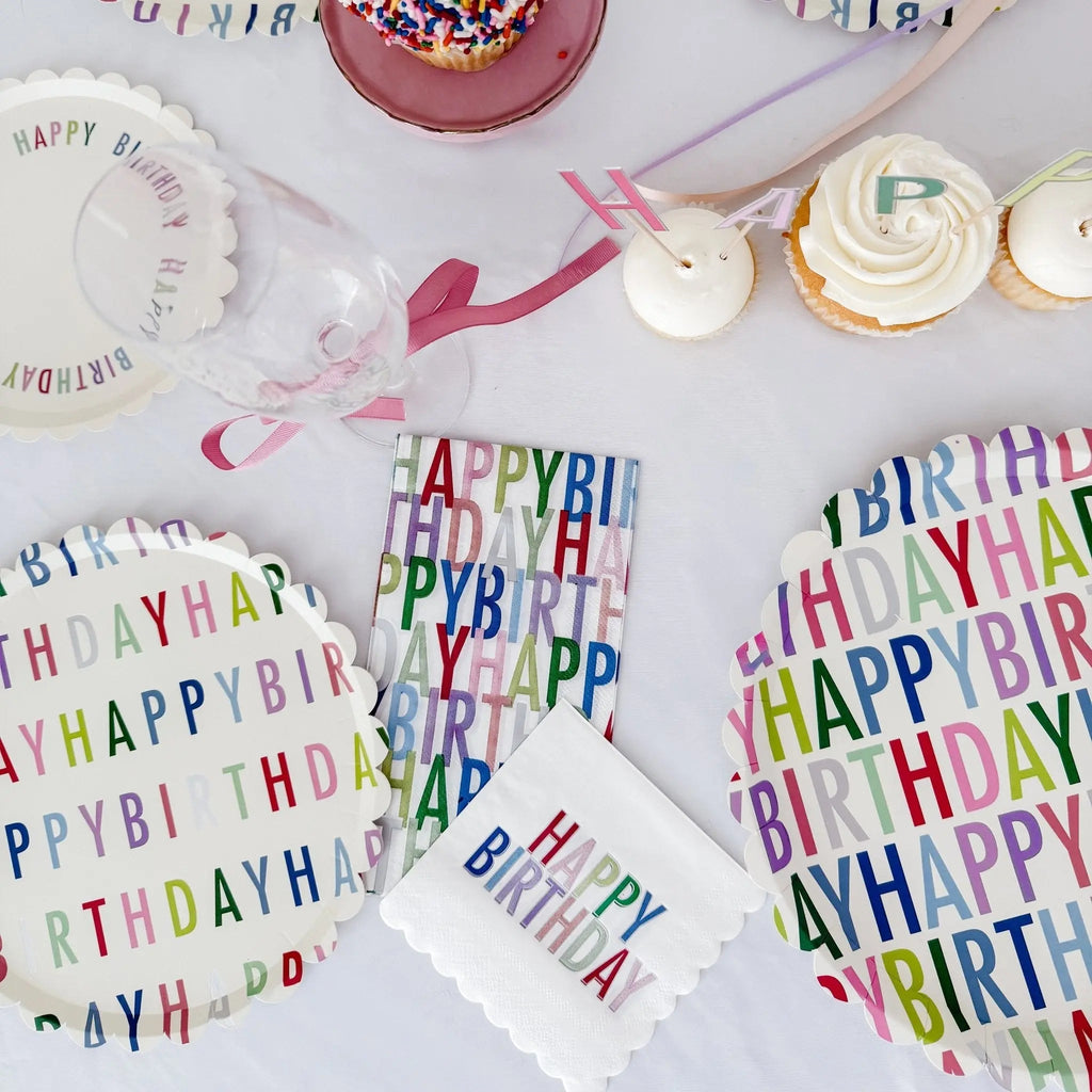 Happy Birthday Bright Scalloped Cocktail Napkins, 24pcs
