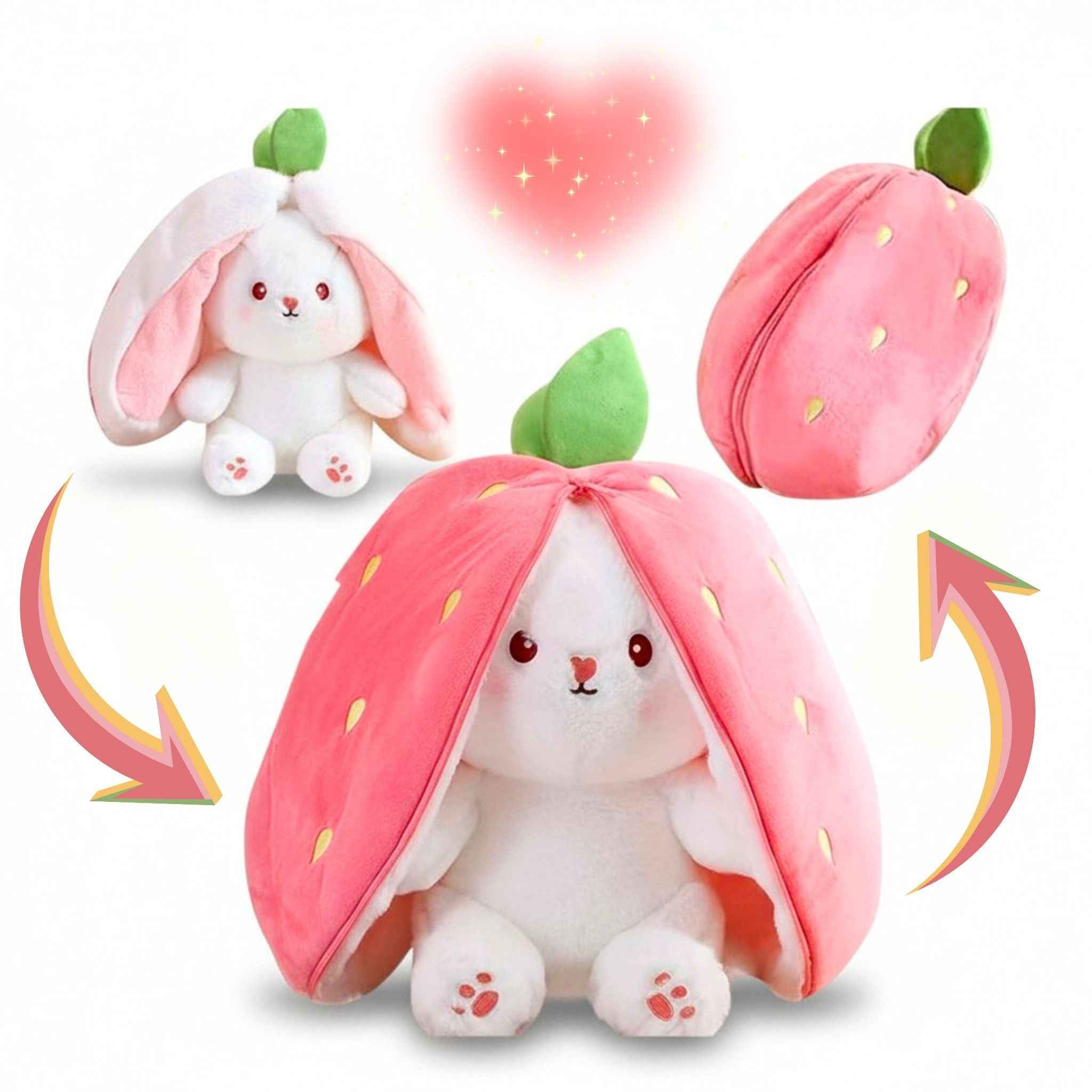 Reversible Strawberry Bunny Plush Toy Soft Polyester Stuffed Animal for Kids Hide and Seek Transforming Toy